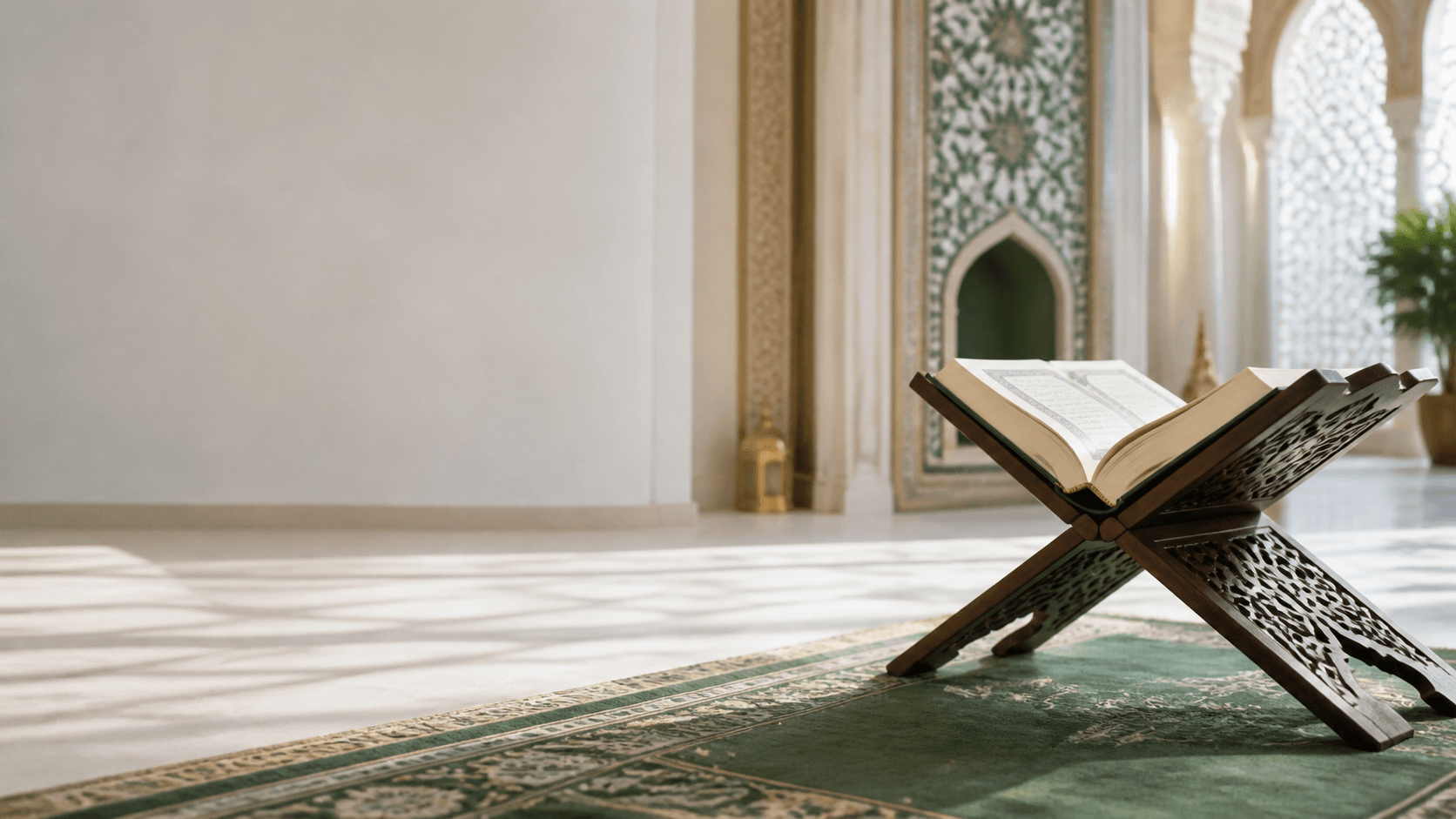 An open Quran on a wooden rehal in a bright mosque